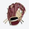 Tater V-Web infield glove in maroon and blonde leather with a blonde TB logo, blonde laces and welting, back-of-hand view