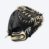 Tater custom catcher's mitt in black leather with a blonde wrist strap, blonde laces and a white TB logo, back-of-hand view