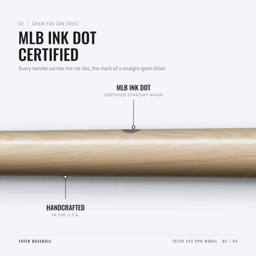 MLB ink dot on the handle of the Tater 243 Pro, certifying straight-grain maple