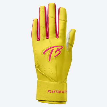 Back of the Pink Lemonade Tater long cuff batting glove with the pink TB logo