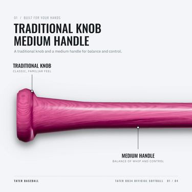 Traditional knob and medium handle on the Tater BB34 wood softball bat