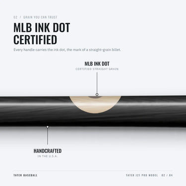 MLB ink dot on the handle of the Tater J21 Pro, certifying straight-grain maple
