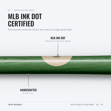 MLB ink dot on the handle of the Tater KURTZ16 Pro, certifying straight-grain maple