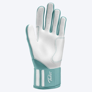 White and teal baseball batting glove with perforated palm and Tater logo on wrist strap