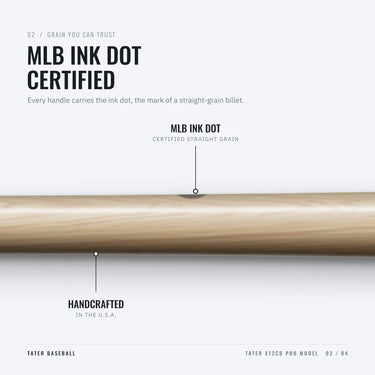 MLB ink dot on the handle of the Tater X12CB, certifying straight-grain maple